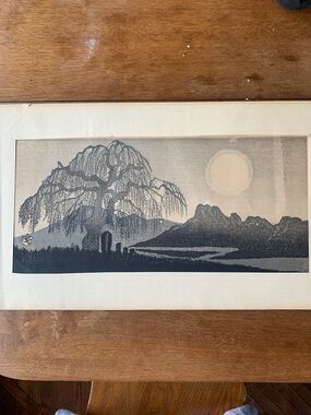 Vintage Japanese Landscape Print Moon and Cherry Tree